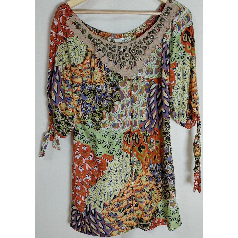 Diane Samandi Silk Multicolor Top 3/4 Sleeve Scoop Neck 100% Silk Women Size XS